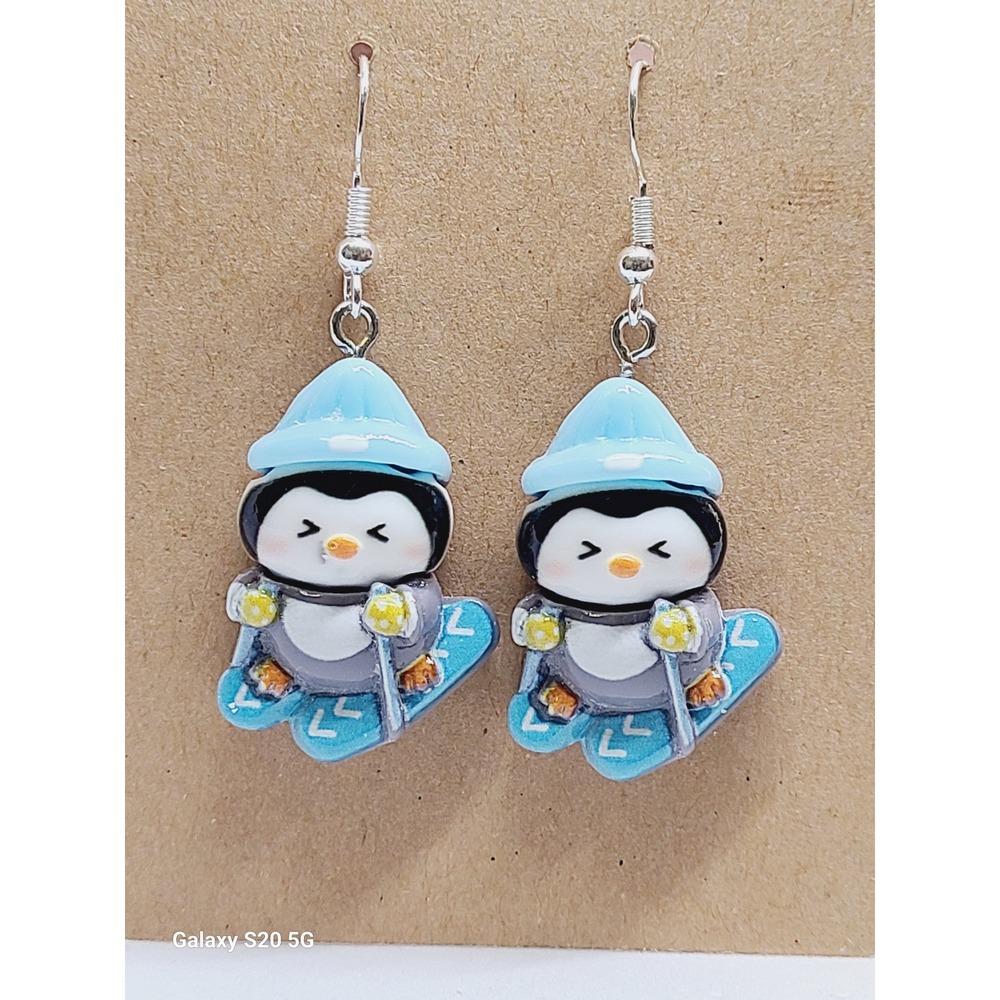 Skiing Penguin Dangle Earrings Blue Winter Sport Resin Drop Jewelry Women's